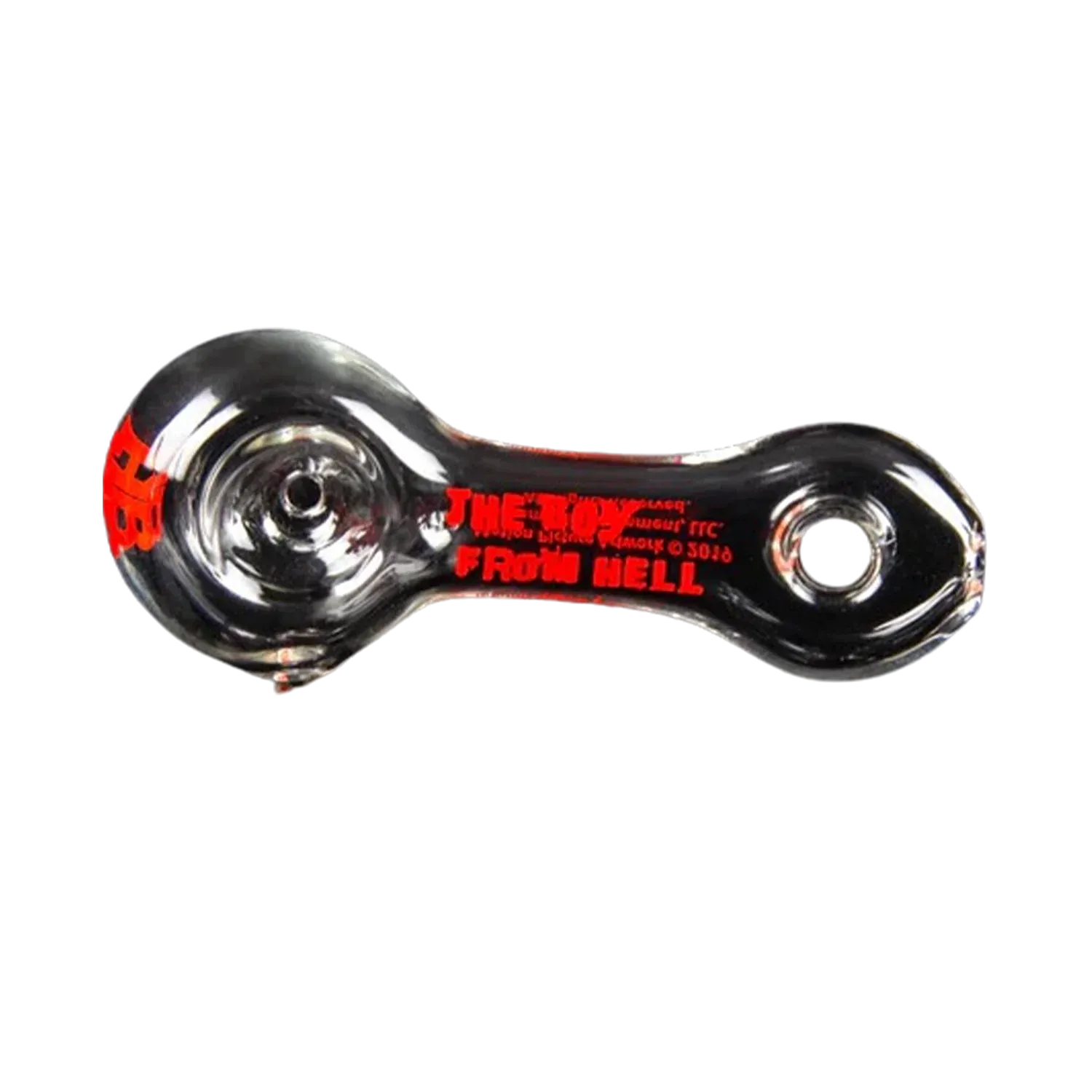 Top-down view of the black Hellboy Sherlock Pfeife - Klar spoon pipe with red "From Hell" lettering along its stem.