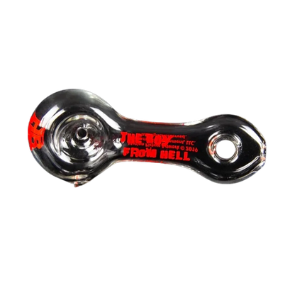 Top-down view of the black Hellboy Sherlock Pfeife - Klar spoon pipe with red "From Hell" lettering along its stem.