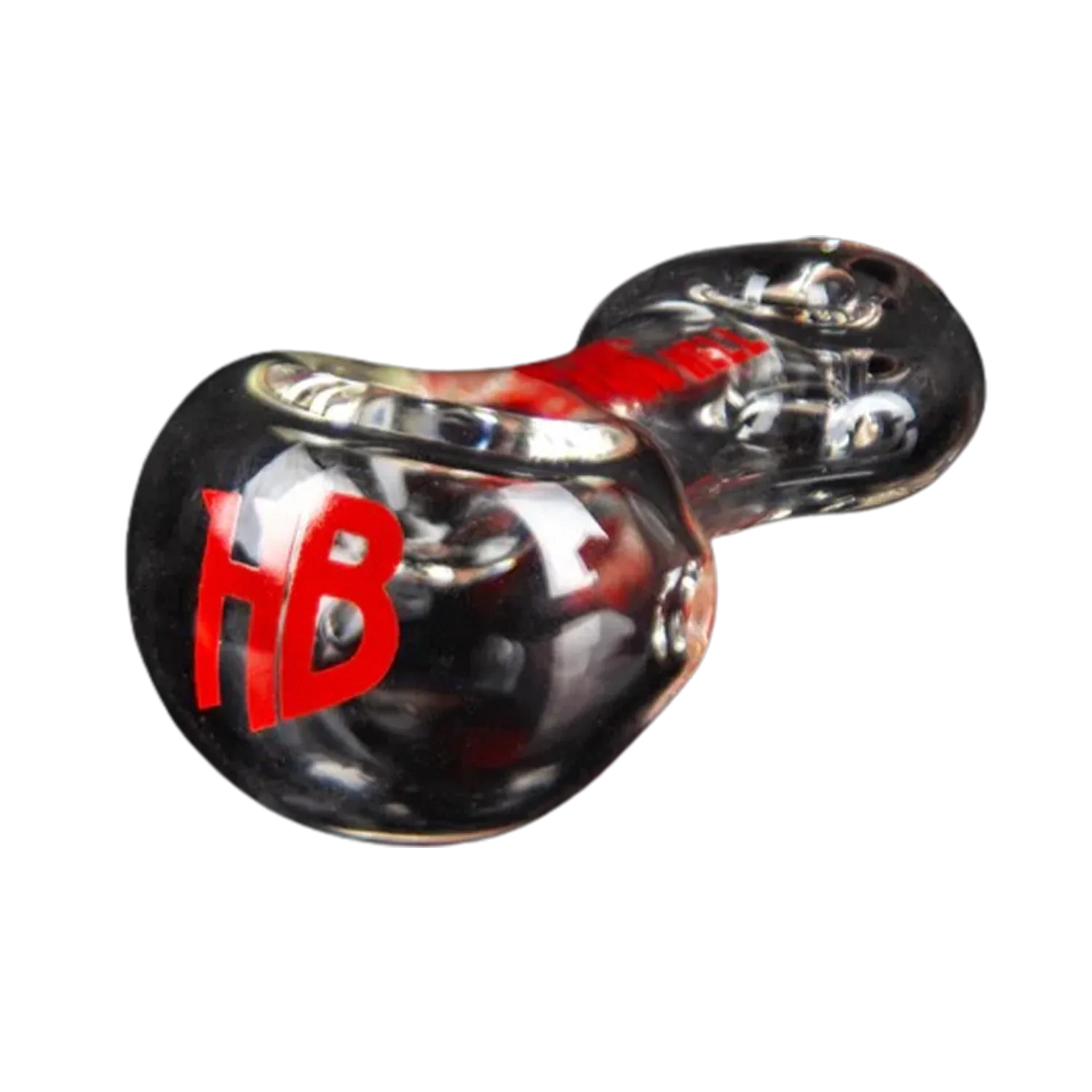 Angled close-up of the clear glass Hellboy Sherlock Pfeife - Klar showing a red "HB" logo and spoon-shaped bowl reflections.
