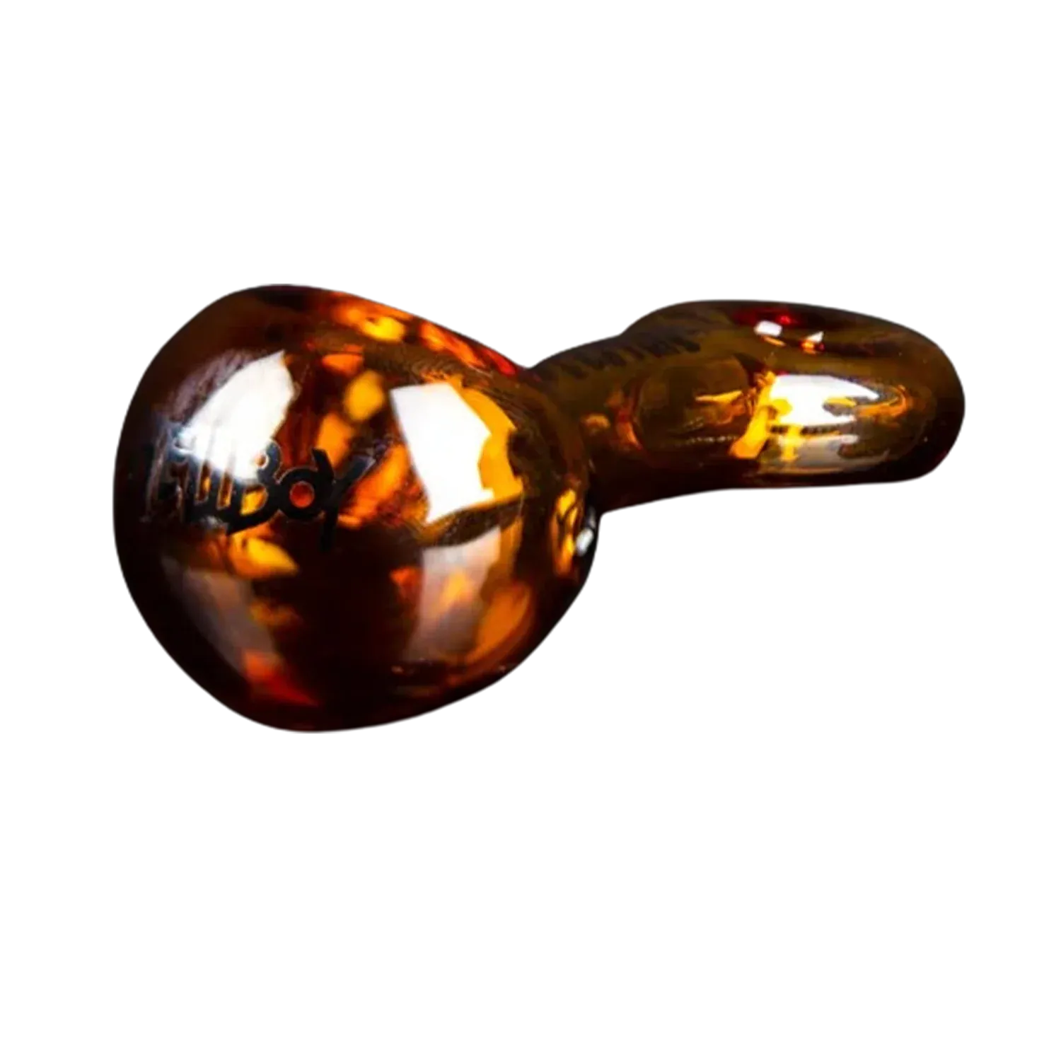 Angled close-up of the amber-speckled Hellboy Sherlock Pfeife - Gelb glass pipe showing its rounded bowl, short stem, and glossy reflections.