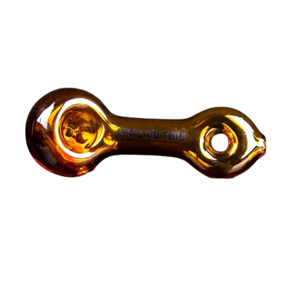 Top-down view of the amber glass Hellboy Sherlock Pfeife - Gelb pipe showing its rounded bowl at left, carb hole at right, and glossy reflections.