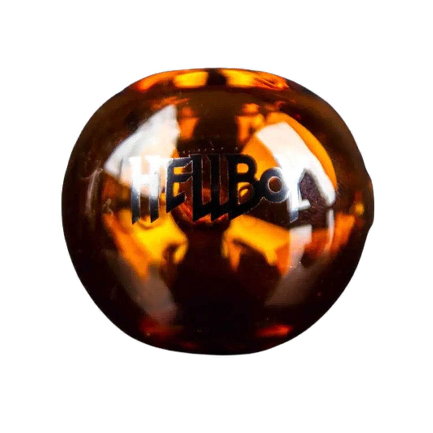 Close-up front view of the amber glass knob bearing the Hellboy Sherlock Pfeife - Gelb logo with warm reflections.