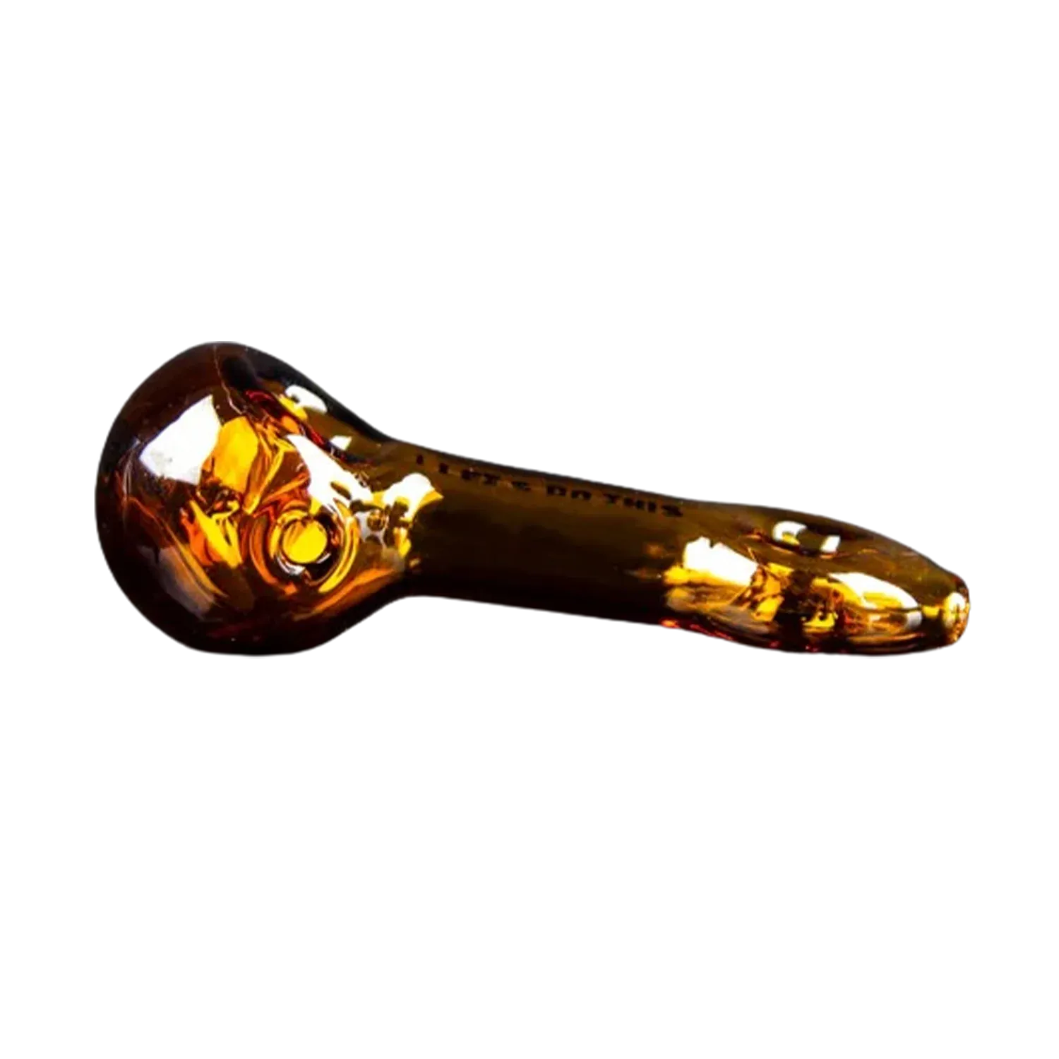 Side view of the amber glass Hellboy Sherlock Pfeife - Gelb pipe resting on a dark surface with bright reflections.