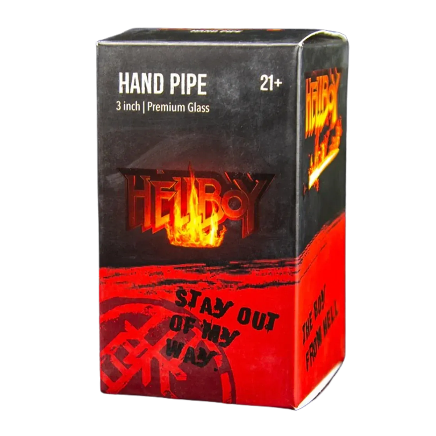 Angled front view of the Hellboy Sherlock Pfeife - Gelb retail box with fiery logo on a black and red background