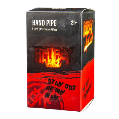 Angled front view of the Hellboy Sherlock Pfeife - Gelb retail box with fiery logo on a black and red background