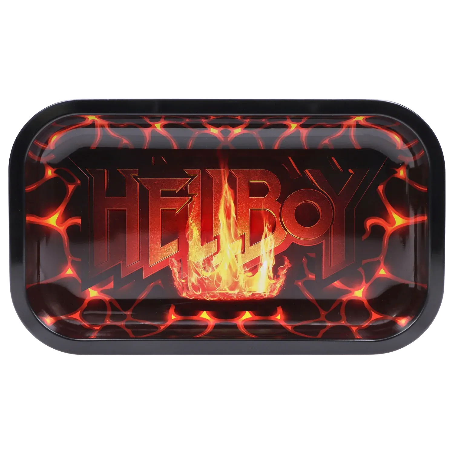 Top-down view of the Hellboy Inferno Rolling Tray - Mittel showing a glossy black rim, fiery orange lava pattern and the word "HELLBOY" over a central flame.