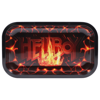 Top-down view of the Hellboy Inferno Rolling Tray - Mittel showing a glossy black rim, fiery orange lava pattern and the word "HELLBOY" over a central flame.