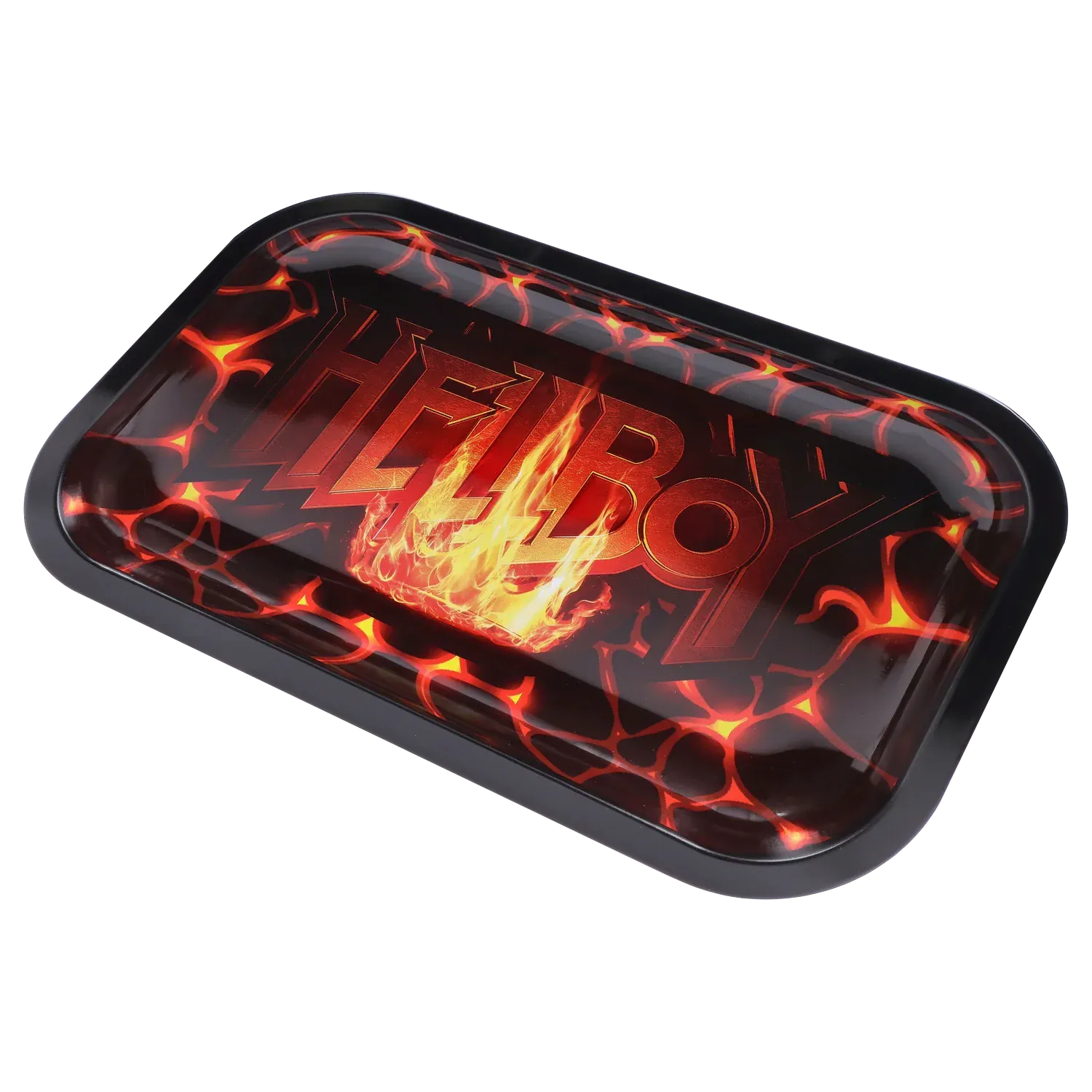 Angled close-up of the Hellboy Inferno Rolling Tray - Mittel showing a glossy black rim and red-orange molten flame graphic centered over bold "HELLBOY" lettering.