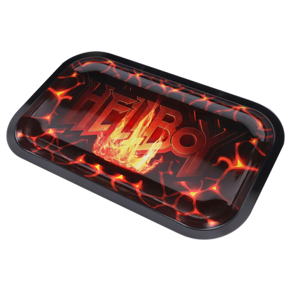 Angled close-up of the Hellboy Inferno Rolling Tray - Mittel showing a glossy black rim and red-orange molten flame graphic centered over bold "HELLBOY" lettering.