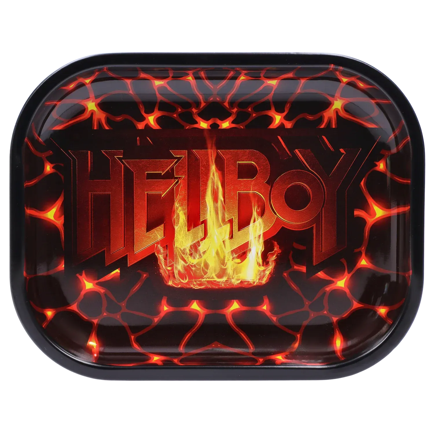 Top-down view of the Hellboy Inferno Rolling Tray - Klein showing a fiery lava pattern with glowing orange cracks and the word "HELLBOY" backlit by yellow flames.