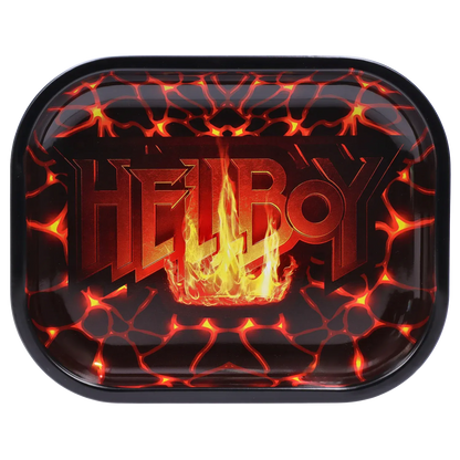 Top-down view of the Hellboy Inferno Rolling Tray - Klein showing a fiery lava pattern with glowing orange cracks and the word "HELLBOY" backlit by yellow flames.
