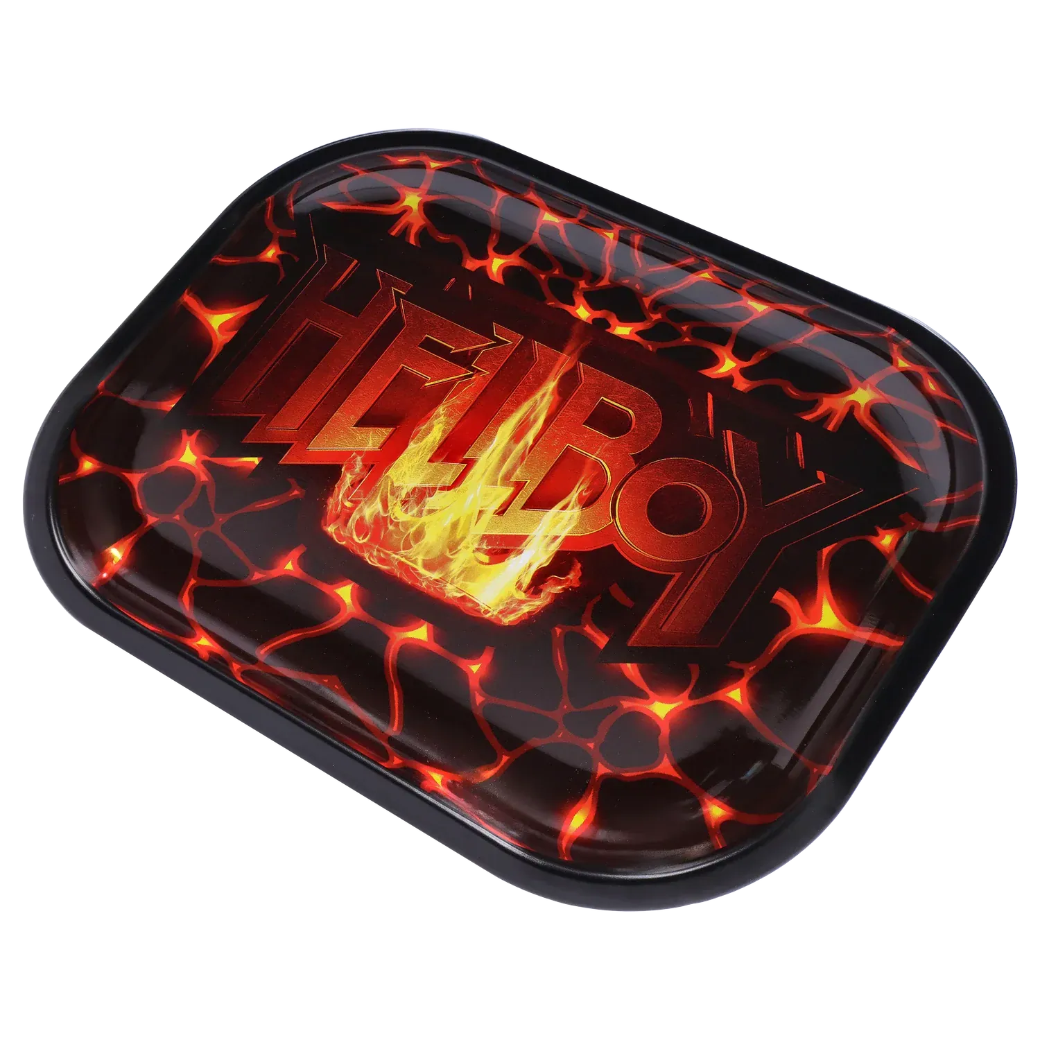 Angled close-up of the Hellboy Inferno Rolling Tray - Klein showing a glossy black tray with glowing red lava patterns and a central flaming logo.