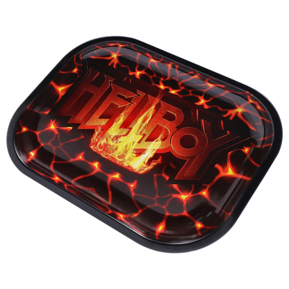 Angled close-up of the Hellboy Inferno Rolling Tray - Klein showing a glossy black tray with glowing red lava patterns and a central flaming logo.