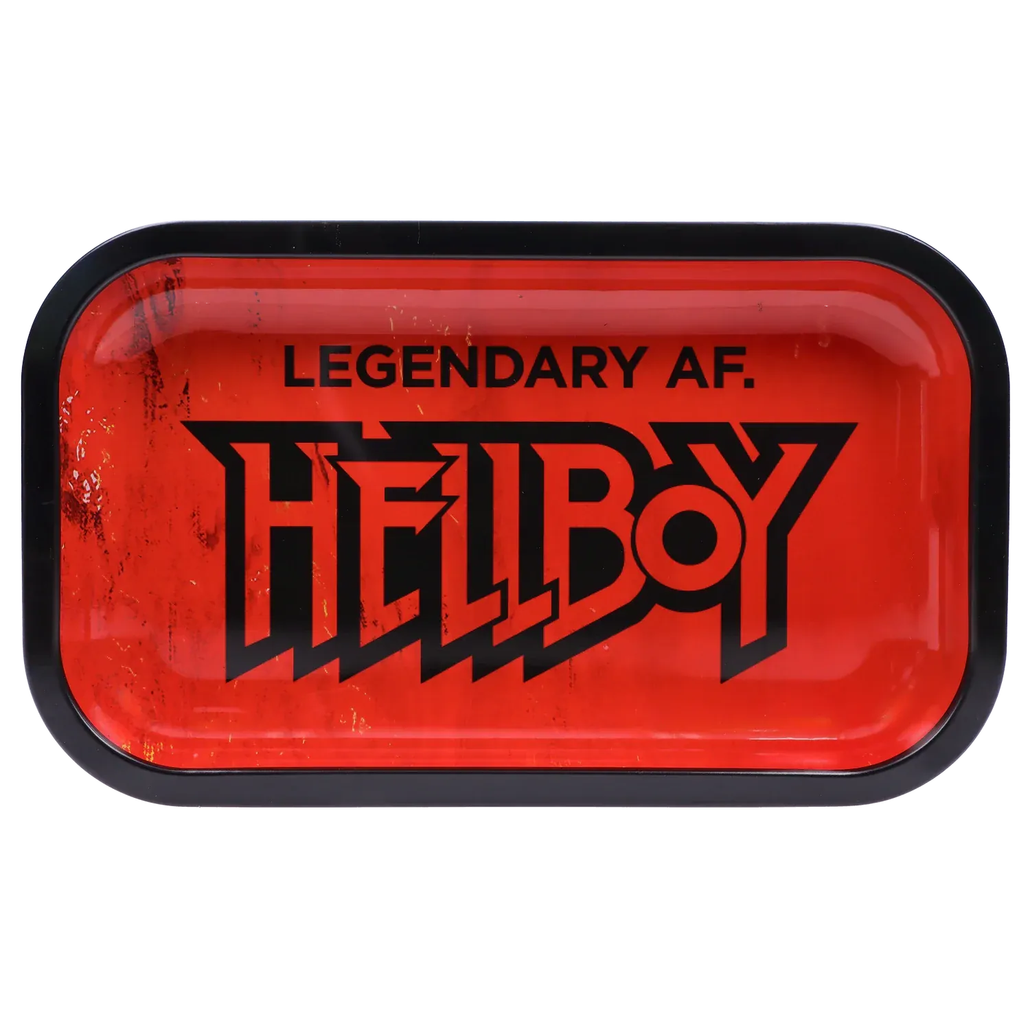 Top-down view of the red Hell Boy Legendäres Rolling Tray - Mittel with bold black "HELLBOY" lettering and "LEGENDARY AF." text centered inside.