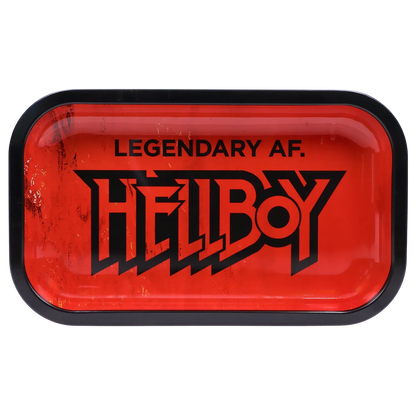 Top-down view of the red Hell Boy Legendäres Rolling Tray - Mittel with bold black "HELLBOY" lettering and "LEGENDARY AF." text centered inside.