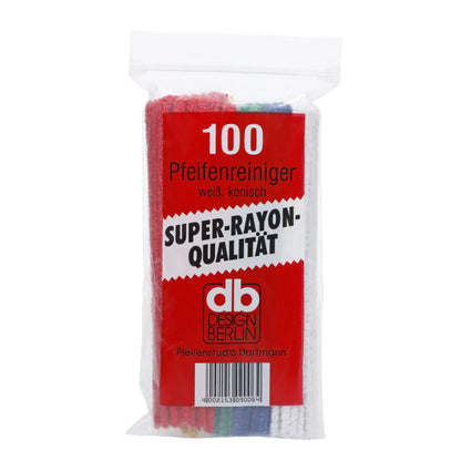 Top-front view of a clear bag of Valiant Pipe Cleaners showing a red label with "100" and multicolored pipe cleaners inside.