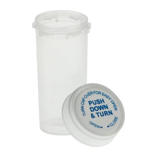 A clear, open Valiant Child Resistant Vial Container - 30 Dram, viewed from slightly above and at an angle.