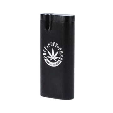 Front view of the Puff Puff Pass Large Aluminum Dugout in black, showing a sleek, rectangular design.