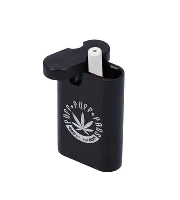 A front view of the black Puff Puff Pass Large Aluminum Dugout, showcasing its sleek, closed design.