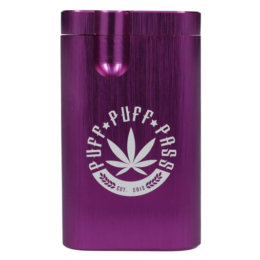 Front view of the Puff Puff Pass Small Aluminum Dugout in purple, showing a sleek, cylindrical design.