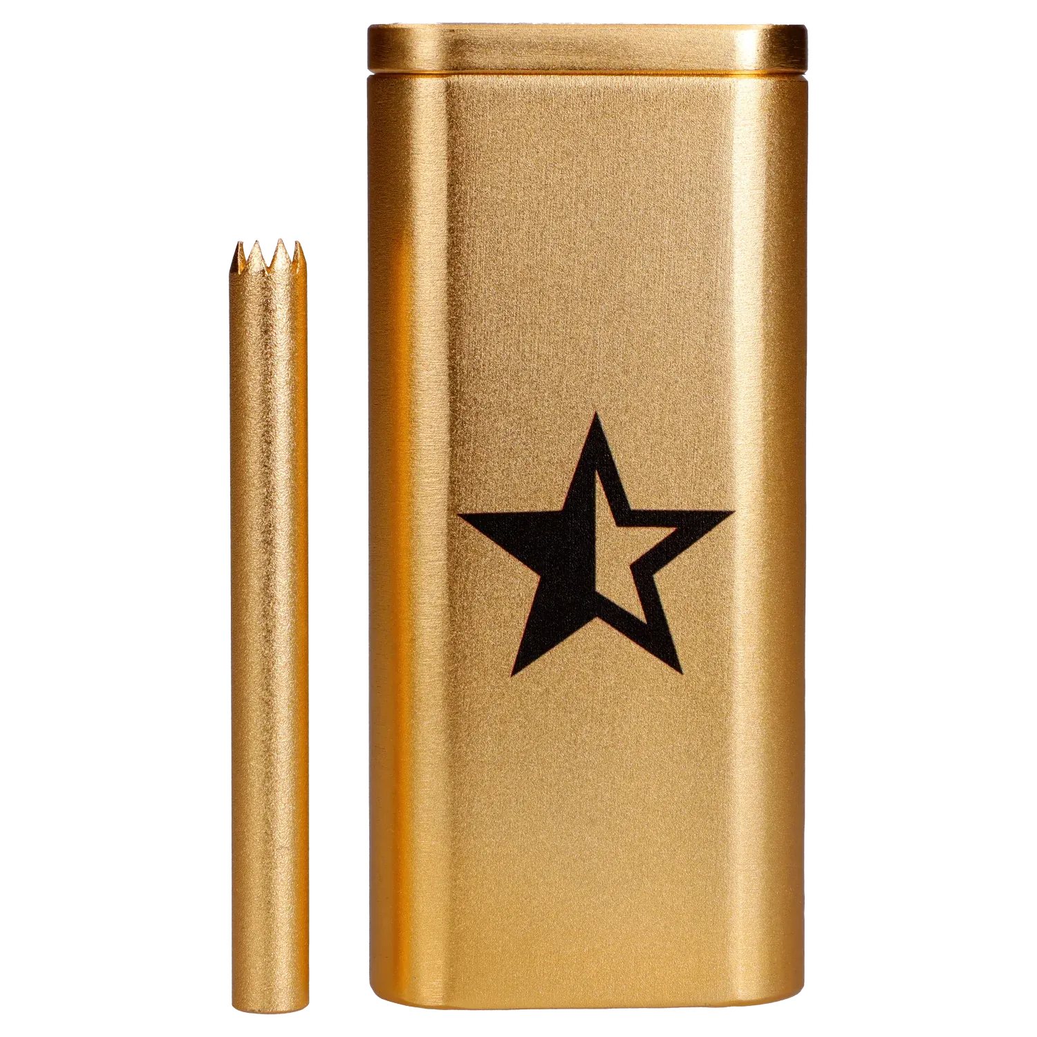 Close-up front view of the Famous X Aluminum Dugout - Golden Champagne showing its metallic gold finish, inset black star, and matching bat beside it.