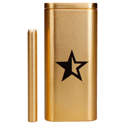 Close-up front view of the Famous X Aluminum Dugout - Golden Champagne showing its metallic gold finish, inset black star, and matching bat beside it.