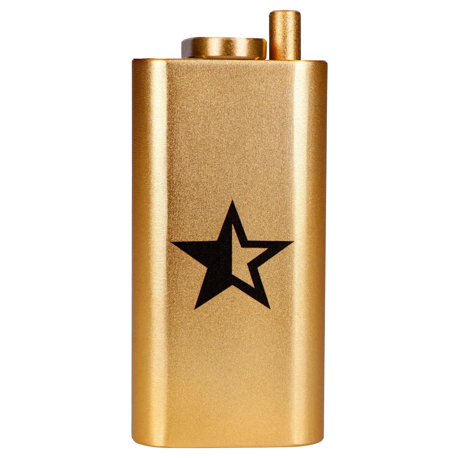 Close-up front view of the Famous X Aluminum Dugout - Golden Champagne showing its metallic gold finish and centered black star logo.