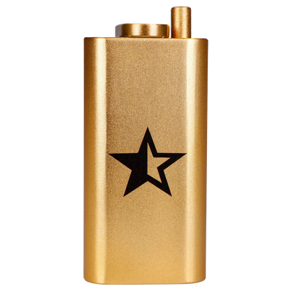 Close-up front view of the Famous X Aluminum Dugout - Golden Champagne showing its metallic gold finish and centered black star logo.