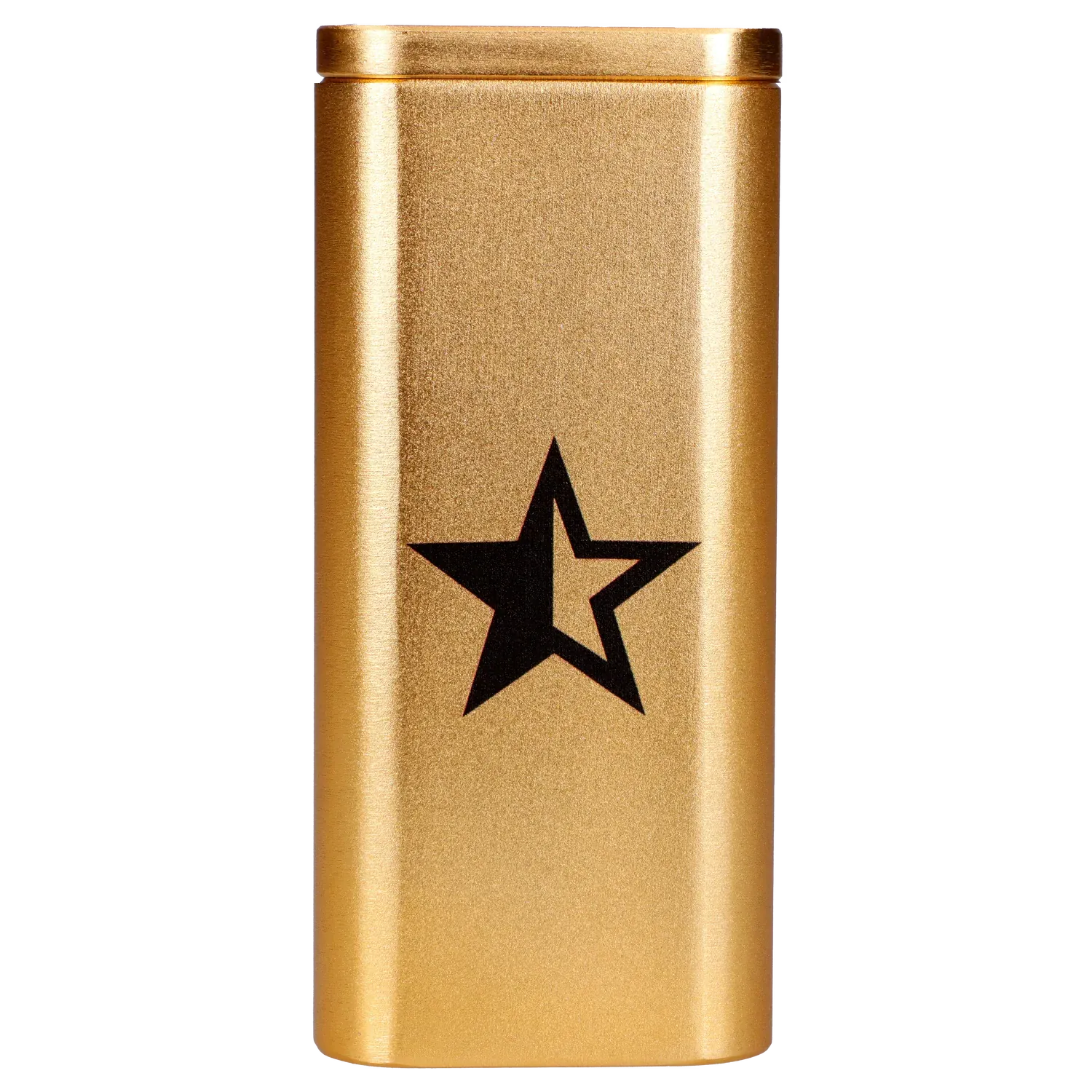 Centered front view of the Famous X Aluminum Dugout - Golden Champagne showing its metallic gold finish and black star graphic.