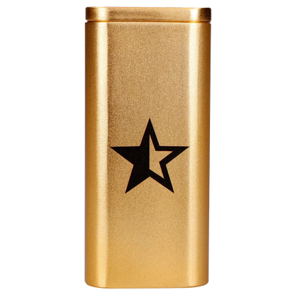 Centered front view of the Famous X Aluminum Dugout - Golden Champagne showing its metallic gold finish and black star graphic.