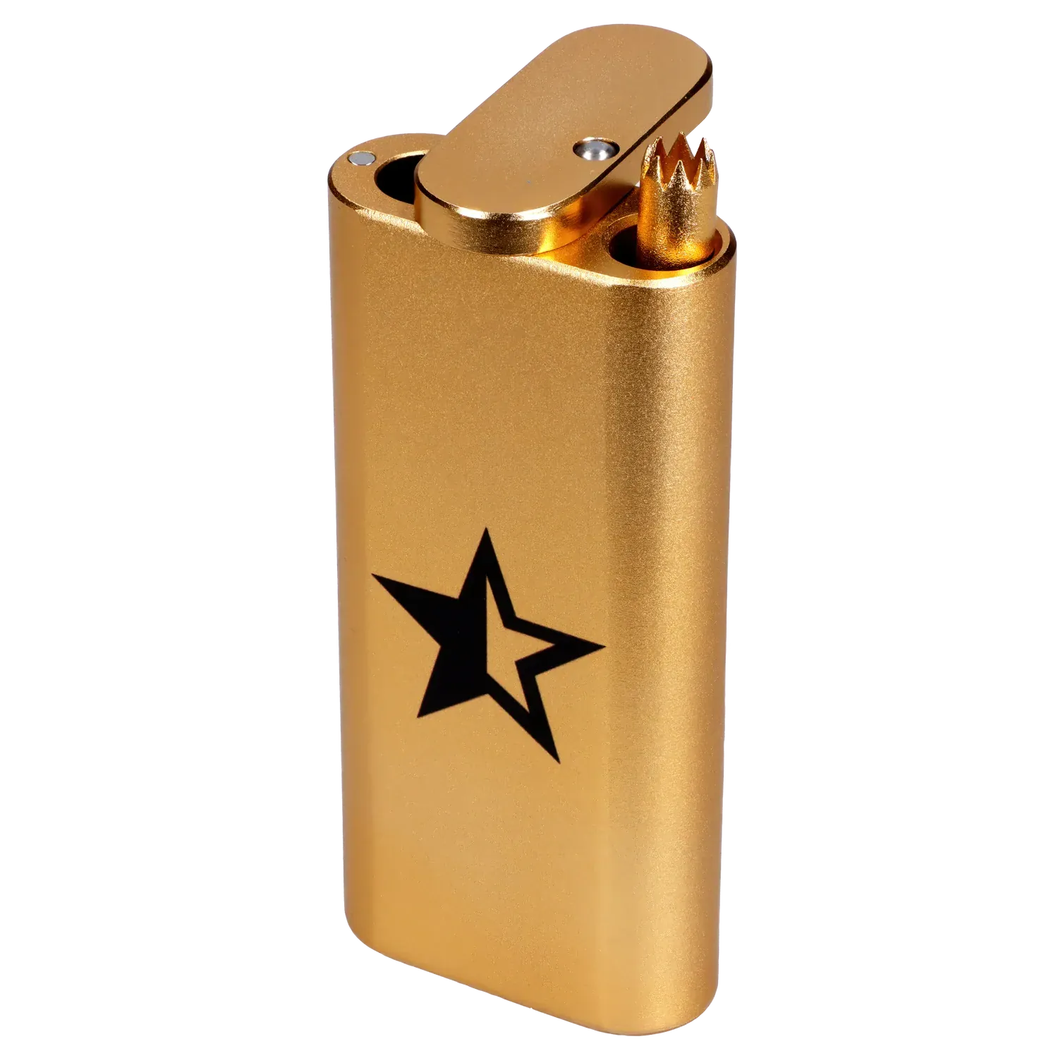 Angled close-up of the Golden Champagne Famous X Aluminum Dugout - Golden Champagne showing its metallic gold finish, hinged top, and black star logo.