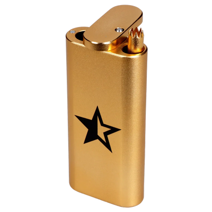 Angled close-up of the Golden Champagne Famous X Aluminum Dugout - Golden Champagne showing its metallic gold finish, hinged top, and black star logo.