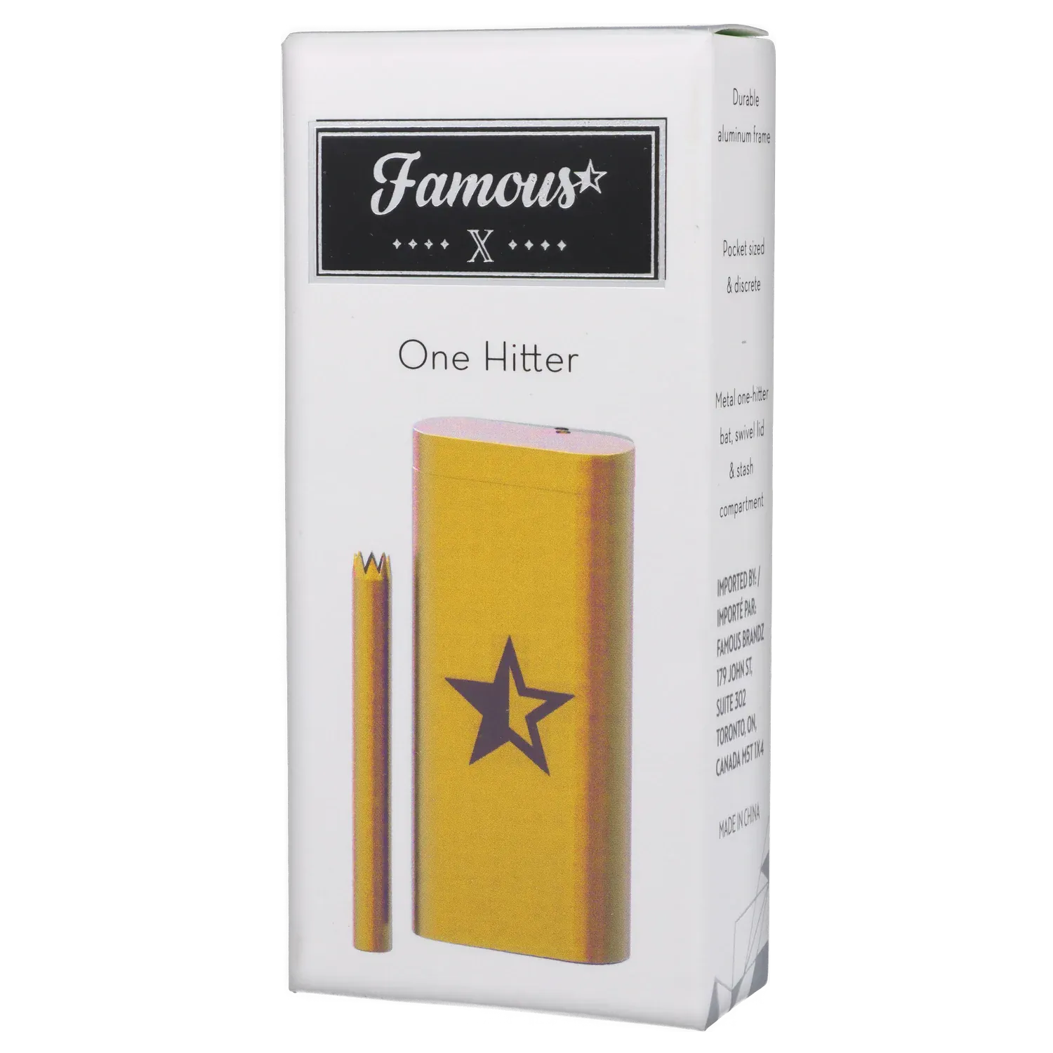 Angled front view of the Famous X Aluminum Dugout - Golden Champagne showing a gold-tone dugout and matching bat with a star logo against a white backdrop.