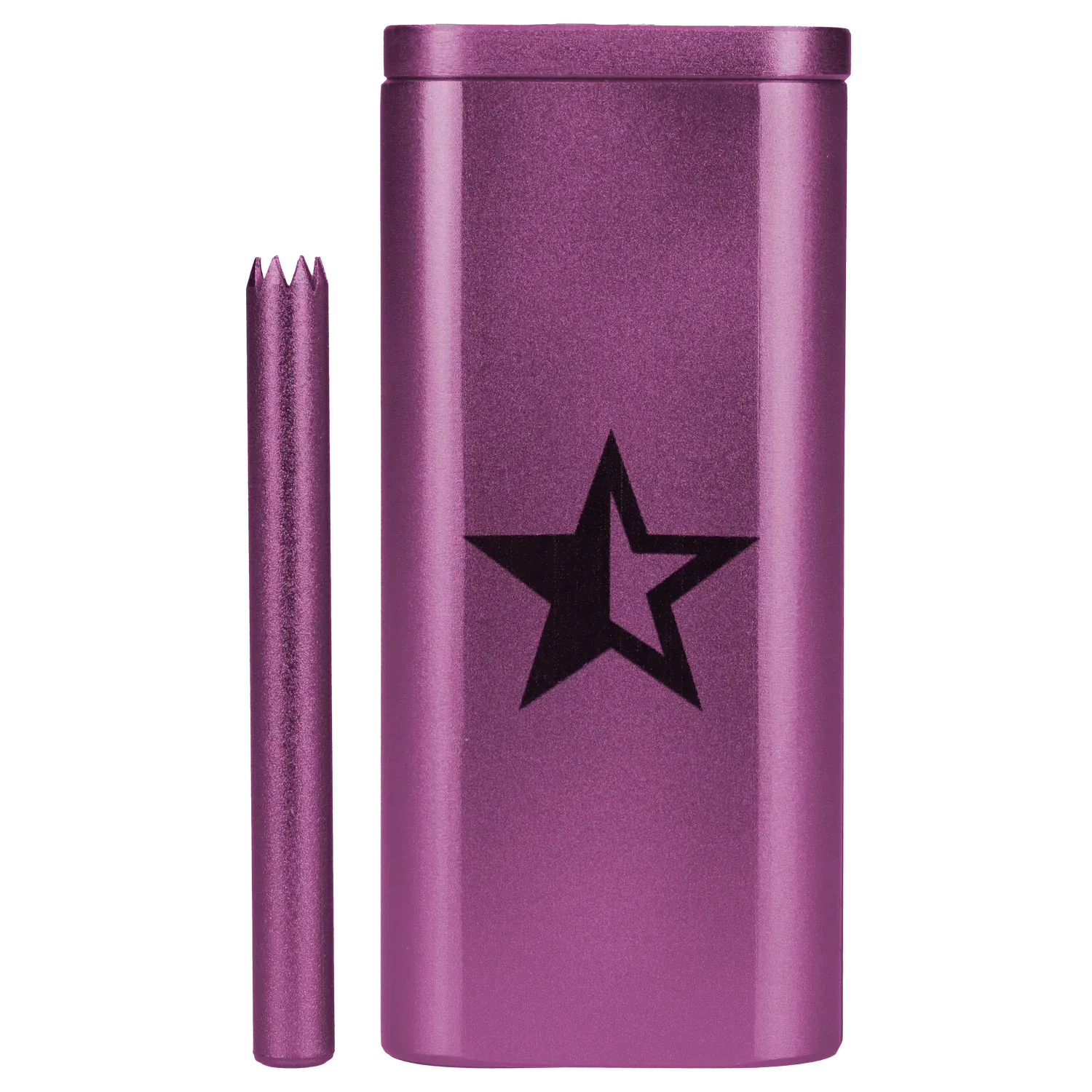 Close-up front view of the Famous X Aluminum Dugout - Purple showing its metallic purple finish, black star logo, and matching purple poker beside it.