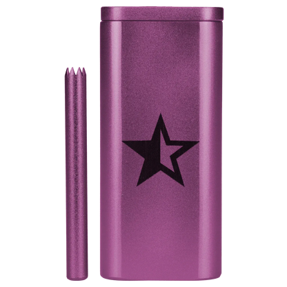 Close-up front view of the Famous X Aluminum Dugout - Purple showing its metallic purple finish, black star logo, and matching purple poker beside it.