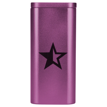 Close-up front view of the Famous X Aluminum Dugout - Purple showing its metallic purple finish and black star decal.