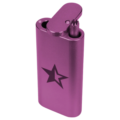 Angled close-up of the purple Famous X Aluminum Dugout - Purple showing its hinged lid, star logo, and built-in poker tool.