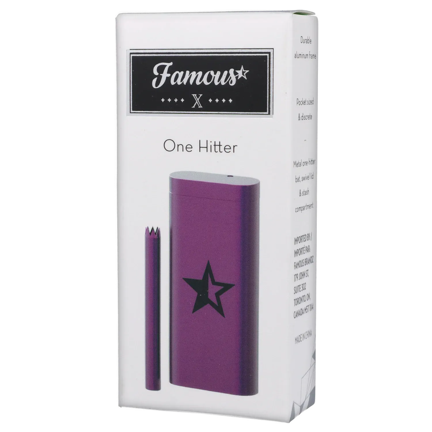 Angled front shot of the purple Famous X Aluminum Dugout - Purple showing the cylindrical dugout and matching bat with a black star on white packaging.