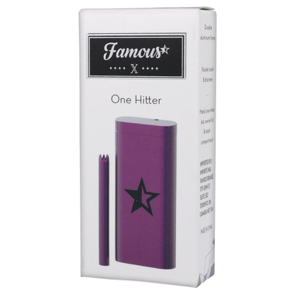 Angled front shot of the purple Famous X Aluminum Dugout - Purple showing the cylindrical dugout and matching bat with a black star on white packaging.