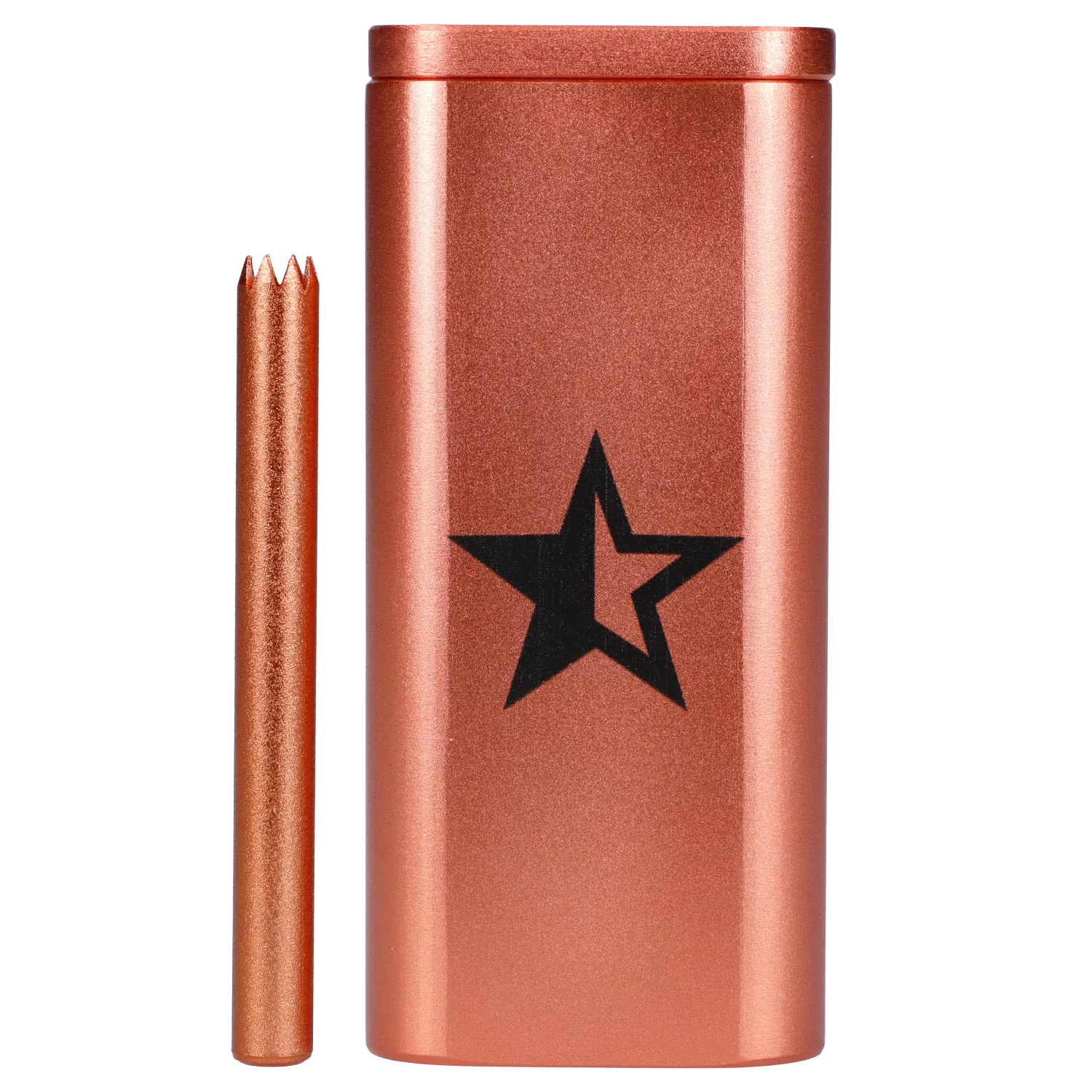 Close-up front view of the Famous X Aluminum Dugout - Rose Gold showing its metallic rose-gold finish, black star logo, and matching bat against a white background.