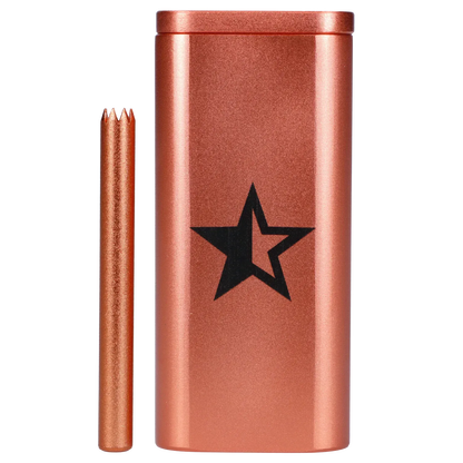 Close-up front view of the Famous X Aluminum Dugout - Rose Gold showing its metallic rose-gold finish, black star logo, and matching bat against a white background.