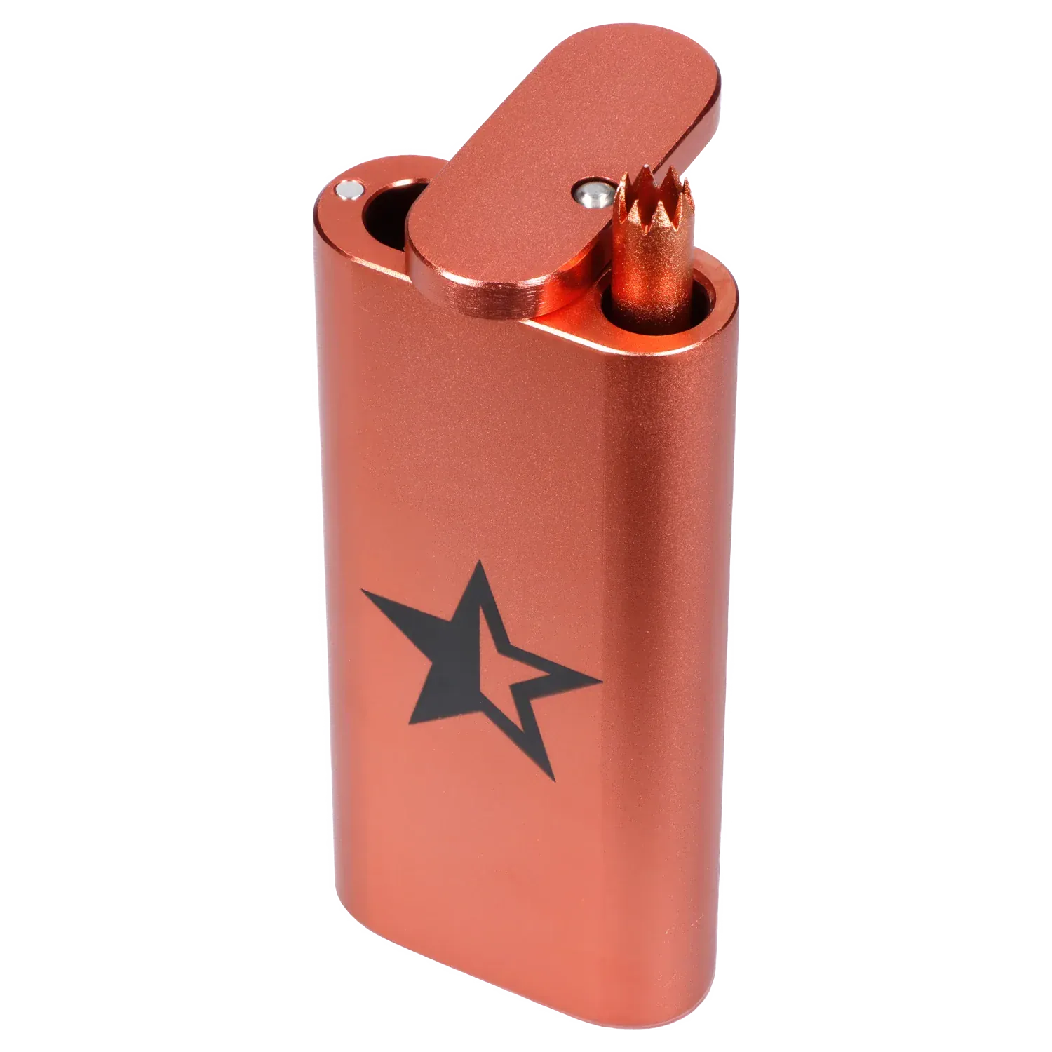 Angled close-up of the Famous X Aluminum Dugout - Rose Gold showing its flip-top, star logo, and textured rose-gold finish.