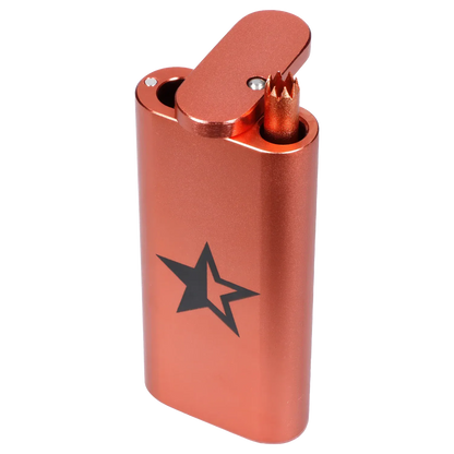 Angled close-up of the Famous X Aluminum Dugout - Rose Gold showing its flip-top, star logo, and textured rose-gold finish.