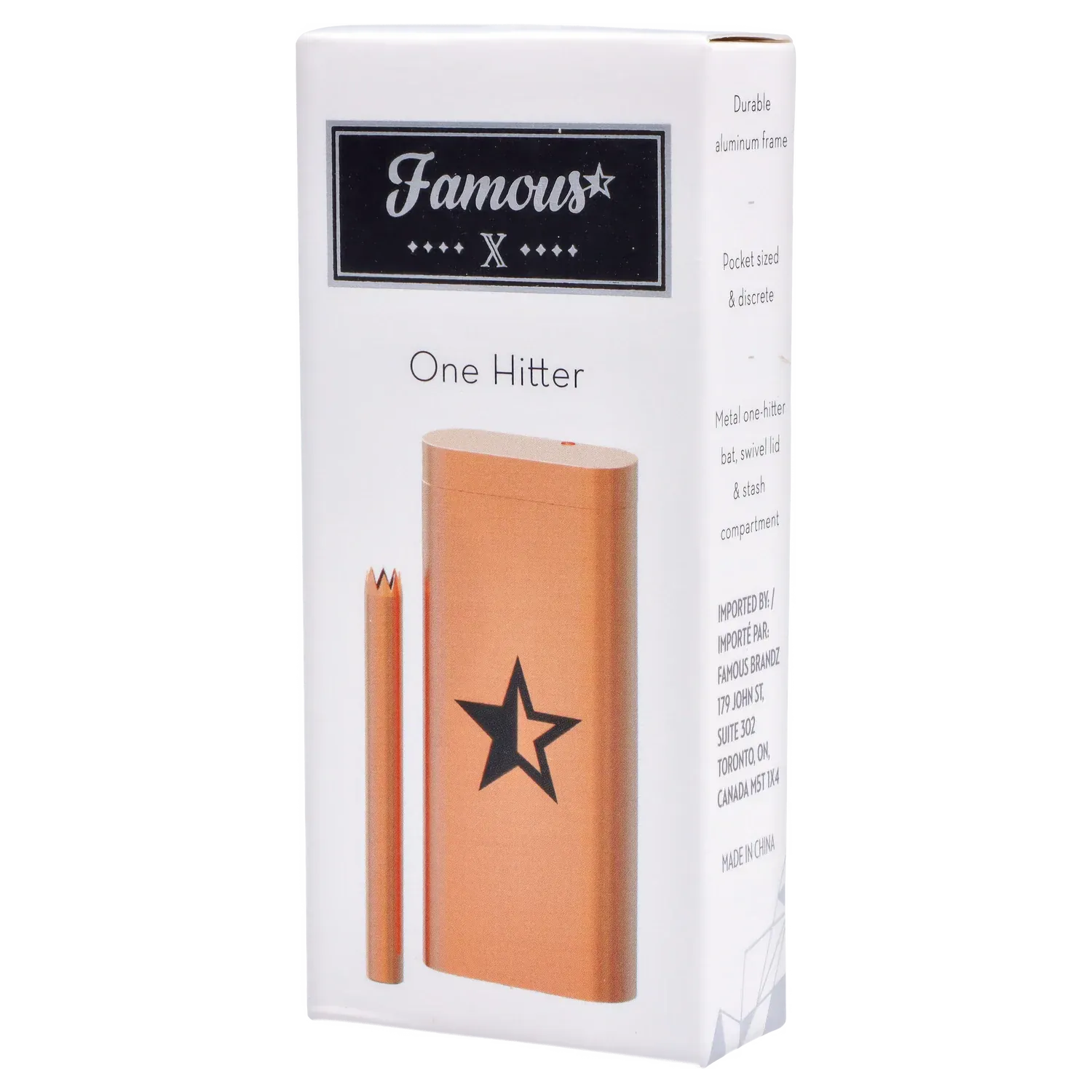 Angled front view of the Famous X Aluminum Dugout - Rose Gold showing the rose-gold metal case and matching bat against a white box.