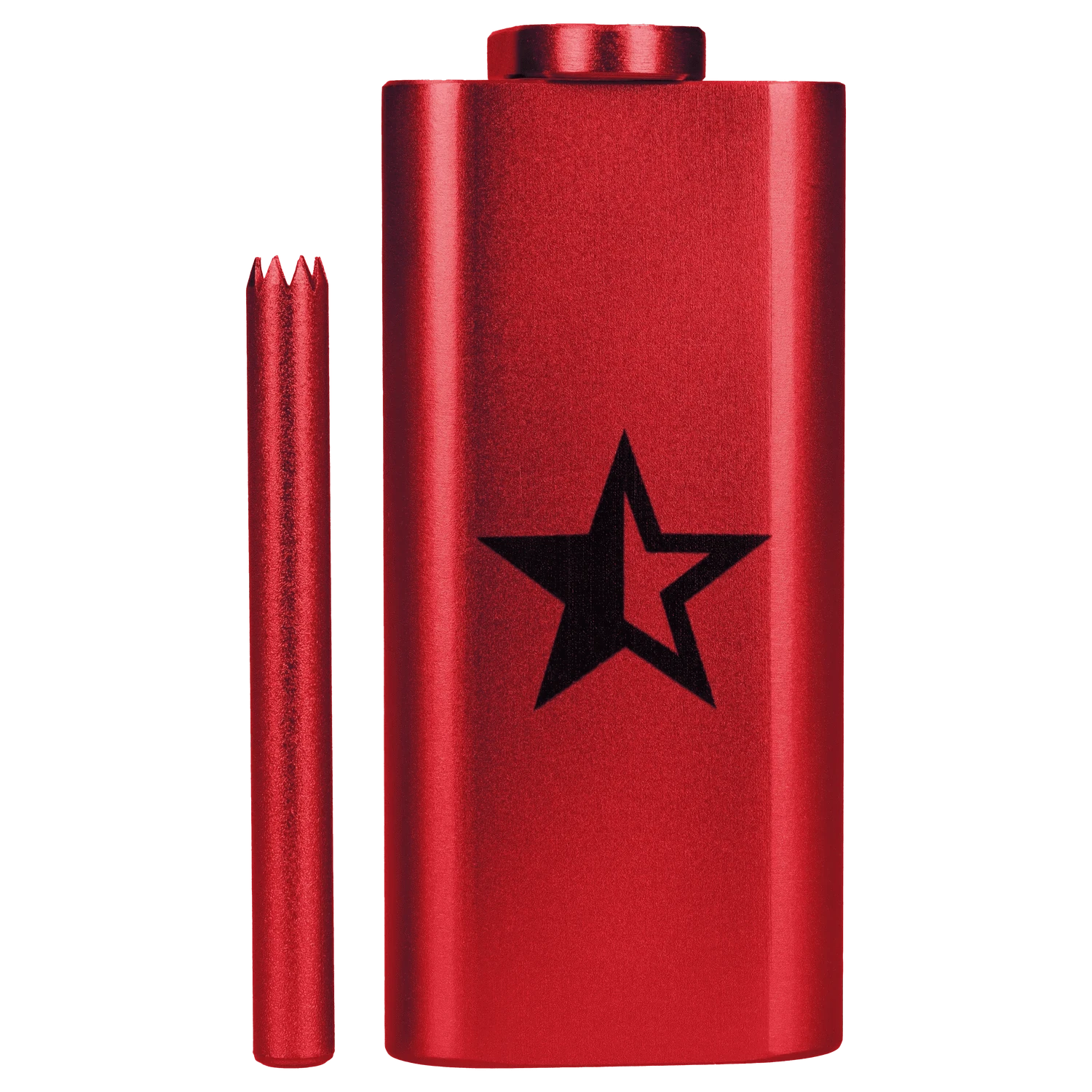 A side view of the Famous X Aluminum Dugout in red, showing its cylindrical shape and metallic finish.