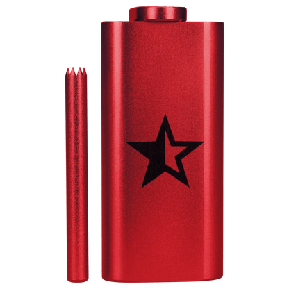 A side view of the Famous X Aluminum Dugout in red, showing its cylindrical shape and metallic finish.
