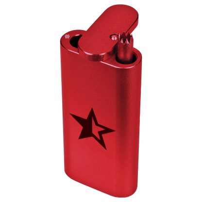 A front view of the red Famous X Aluminum Dugout, showing its sleek, rectangular design against a plain white backdrop.