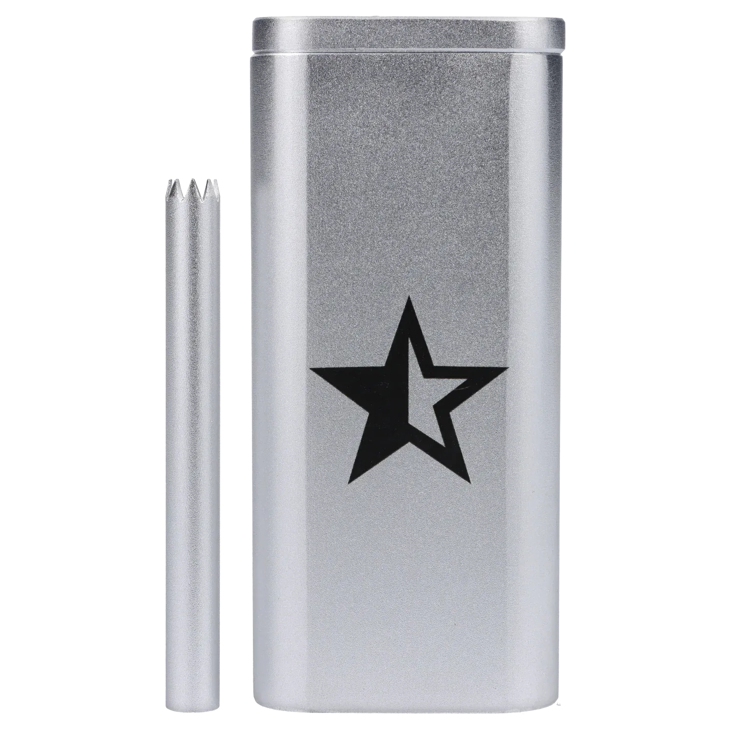 Close-up front view of the Famous X Aluminum Dugout - Silver showing its metallic silver finish, a black star logo, and a matching silver bat beside it.