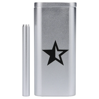 Close-up front view of the Famous X Aluminum Dugout - Silver showing its metallic silver finish, a black star logo, and a matching silver bat beside it.