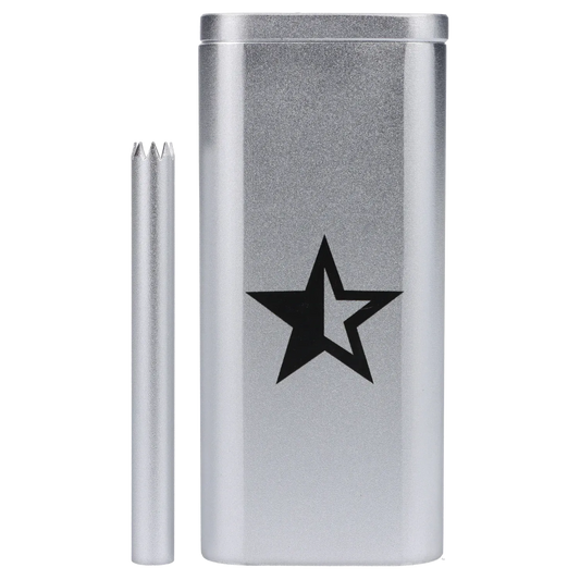 Close-up front view of the Famous X Aluminum Dugout - Silver showing its metallic silver finish, a black star logo, and a matching silver bat beside it.